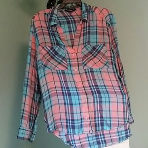 Express Oversized Plaid Shirt Peach/Blue